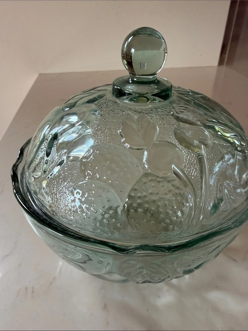 Green Confections Glass Covered Candy Dish in Madeira EUC